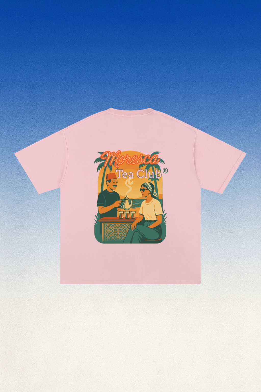 T-shirt Moresca Tea Club® Rose Pastel – grande illustration rétro service de thé (40×52 cm)