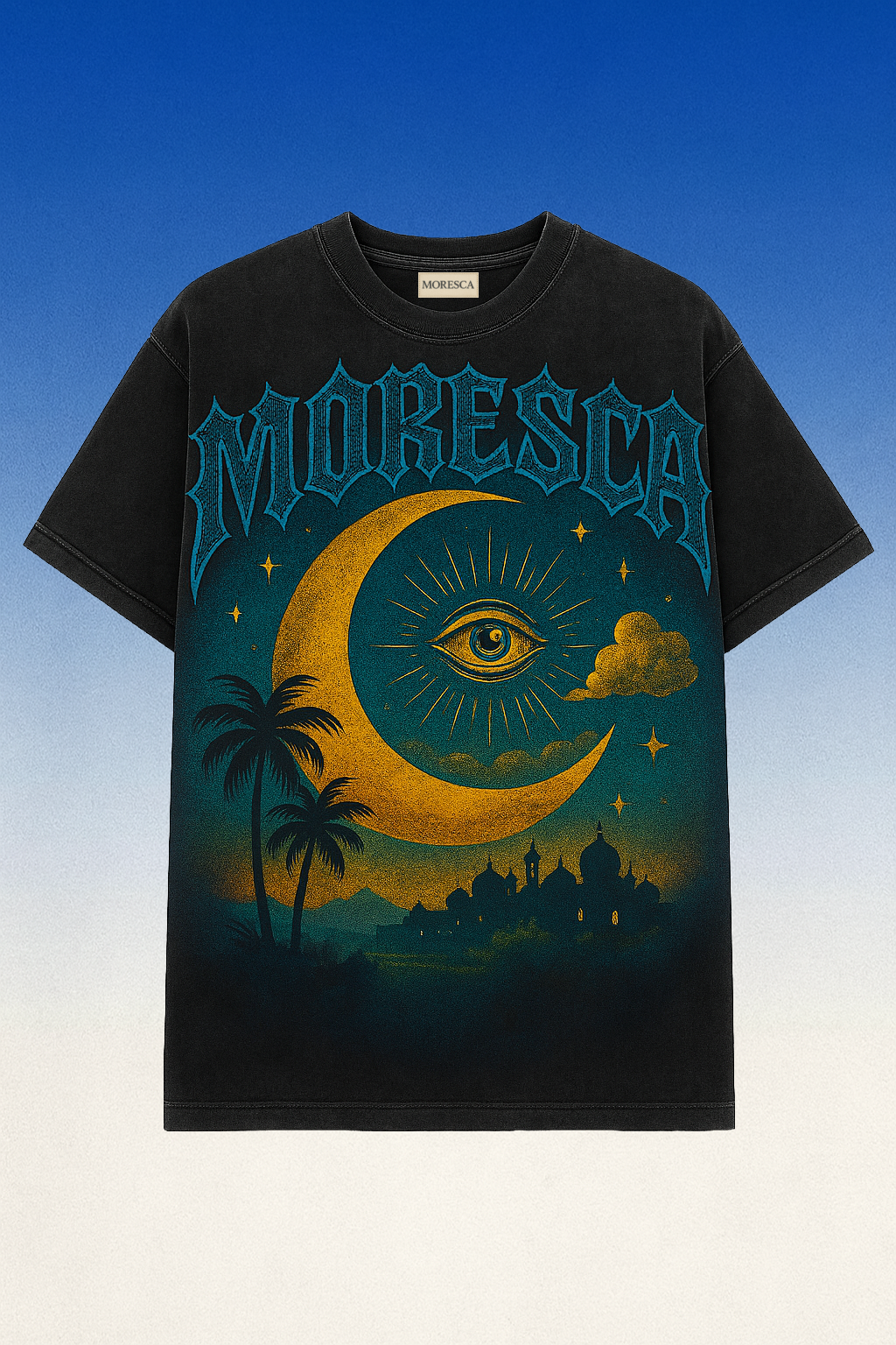 T-shirt Moresca Night Society noir — croissant de lune et Œil divin, artwork d’une artiste invitée, coton 430 g/m², lavage vintage.